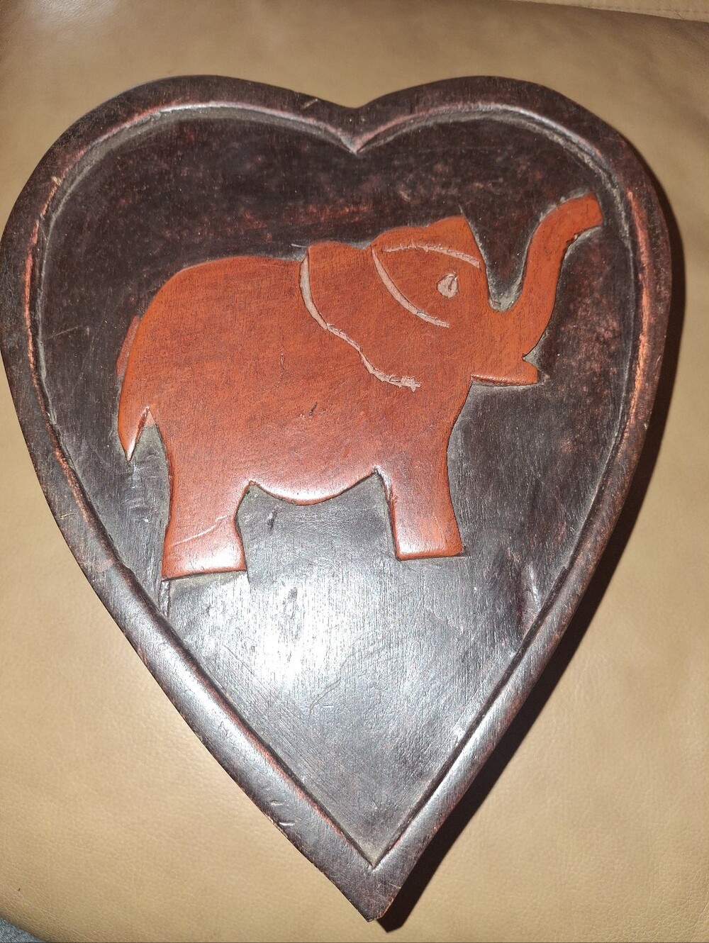 Handcarved Heart Box with Elephant Motif - Brown & Burgundy